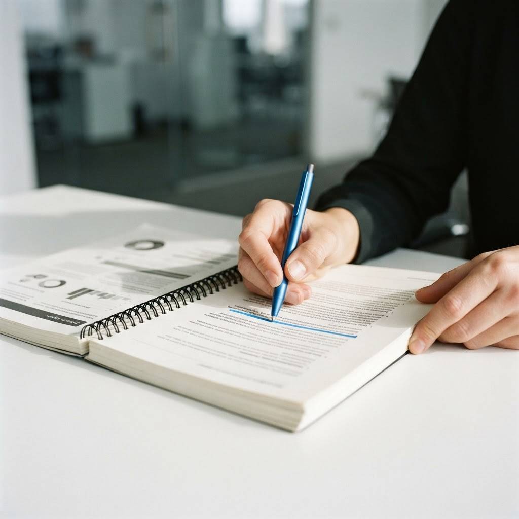 Professional analyzing a strategy document with a blue pen