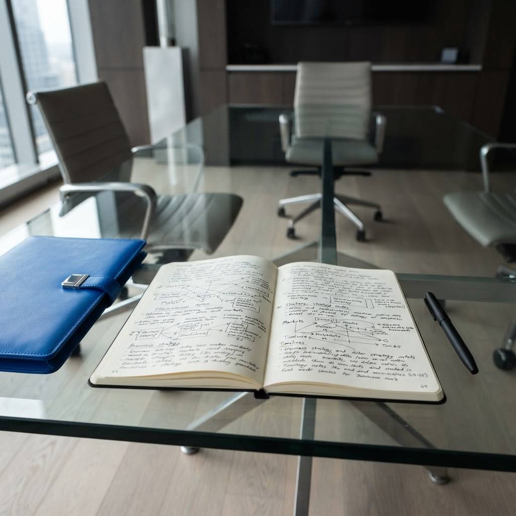 Professional notebook and pen on a boardroom table