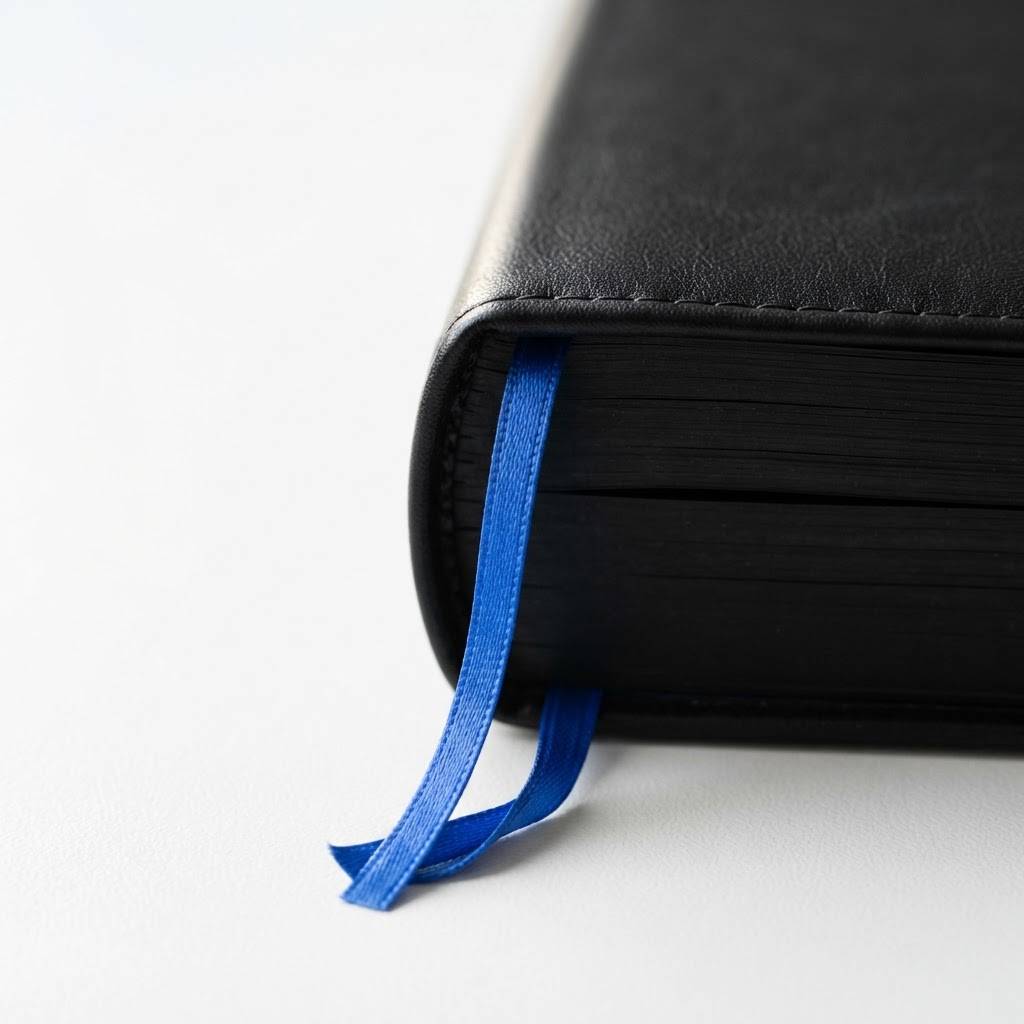 Black notebook spine with a blue bookmark ribbon on a white desk