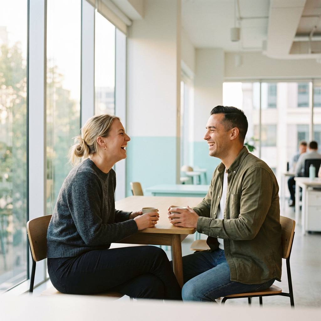 Two founders laughing over coffee together.jpg