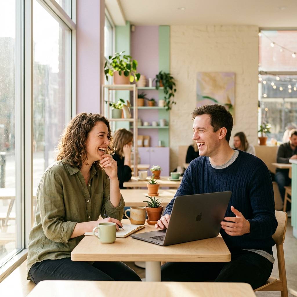 Two people laughing over collaborative work.jpg