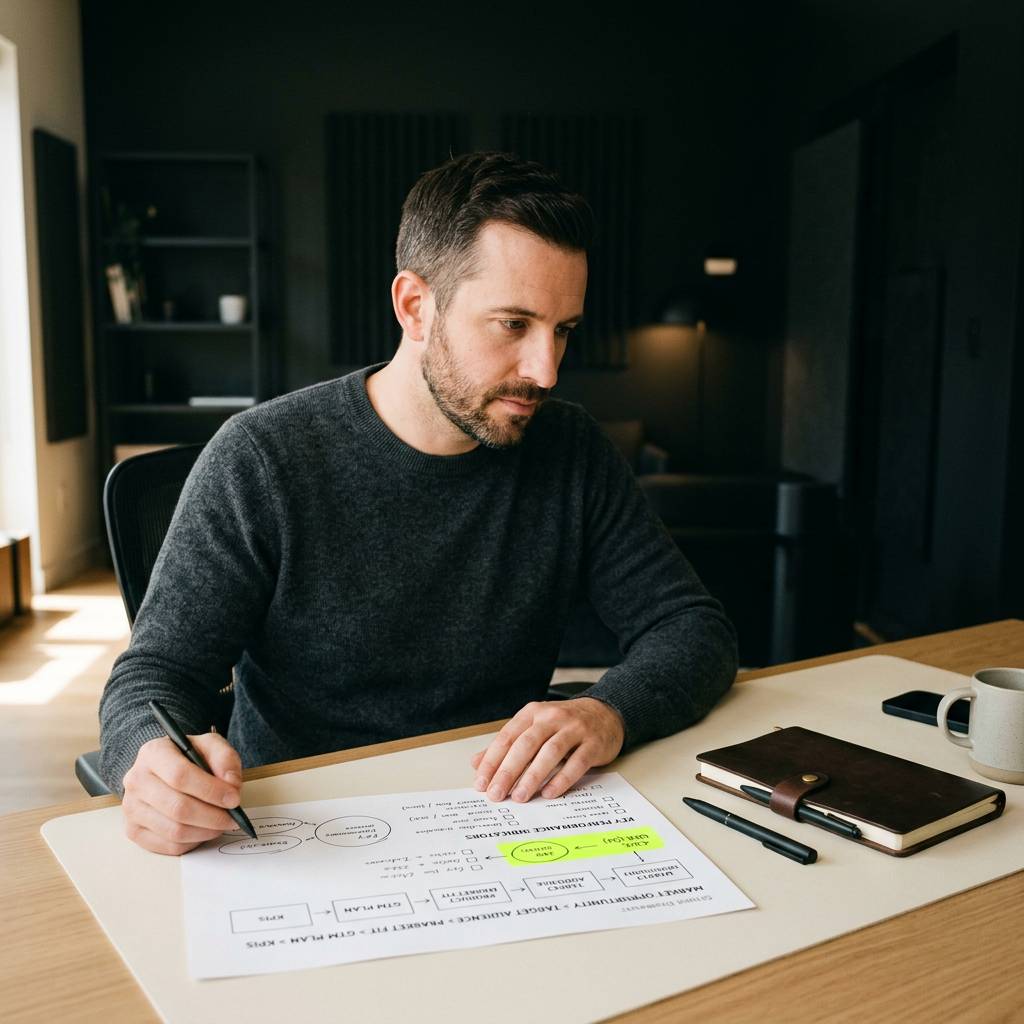 Founder reviewing AI strategy framework notes