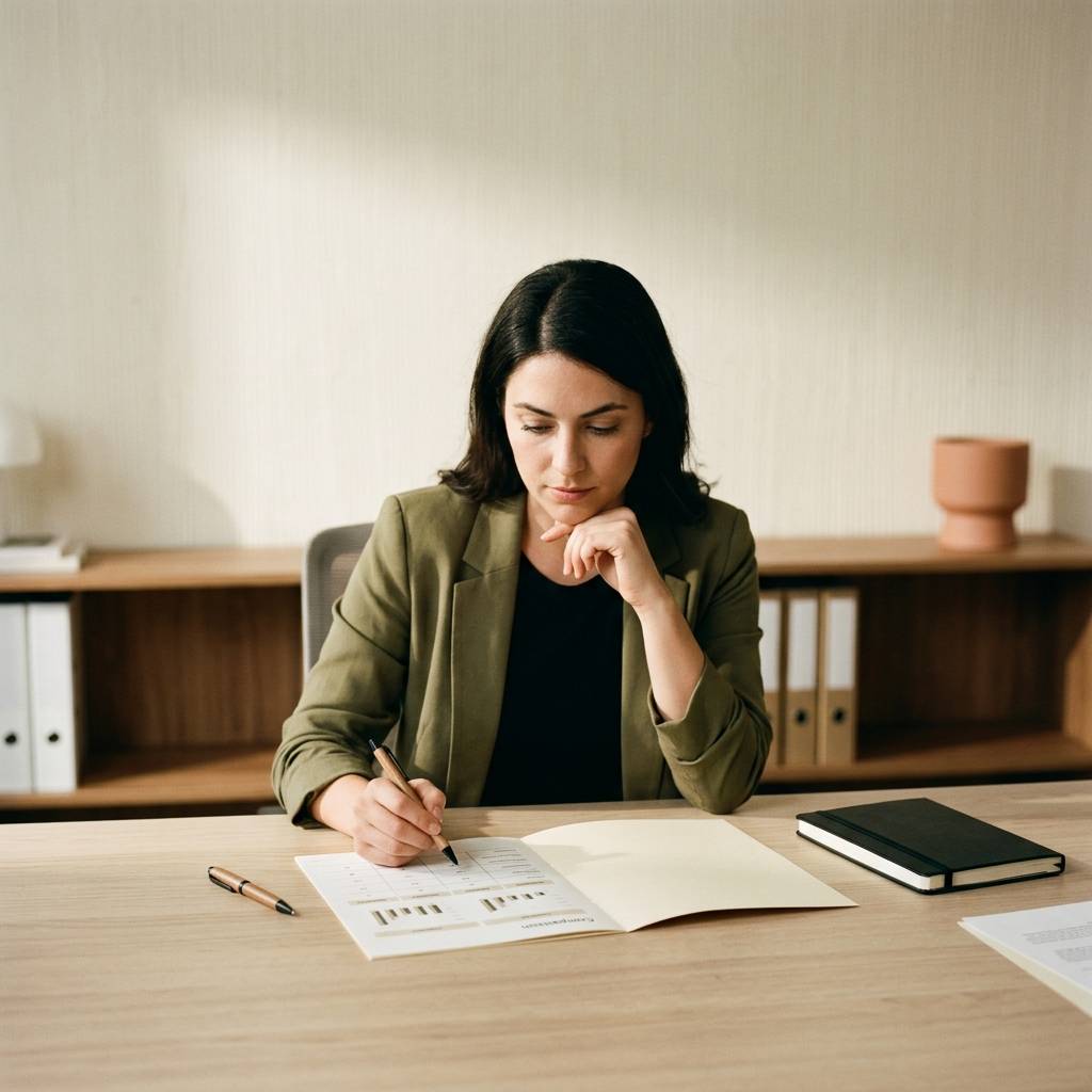 Marketing leader evaluating strategic framework at desk
