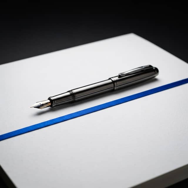 A fountain pen and blue ribbon on clean paper