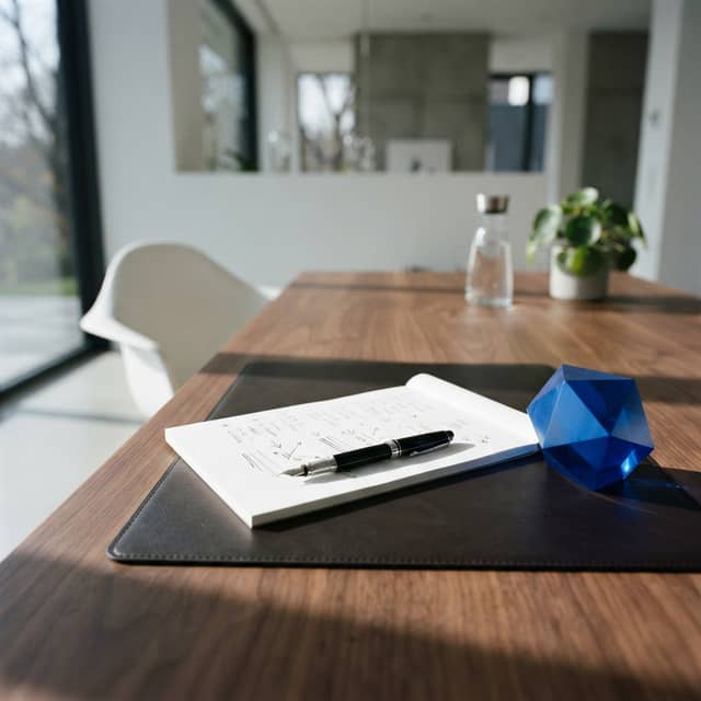 Clean minimalist office workspace with paper and pen