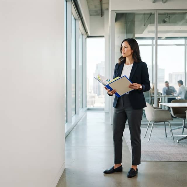 Professional holding a blue-trimmed folder in an office