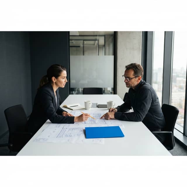 Two professionals collaborating in a modern strategy meeting