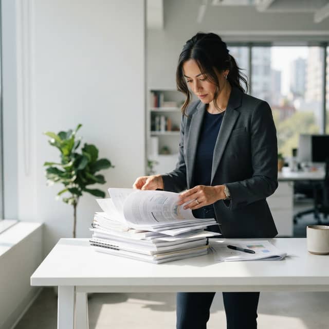 B2B strategist reviewing content documents in a clean office