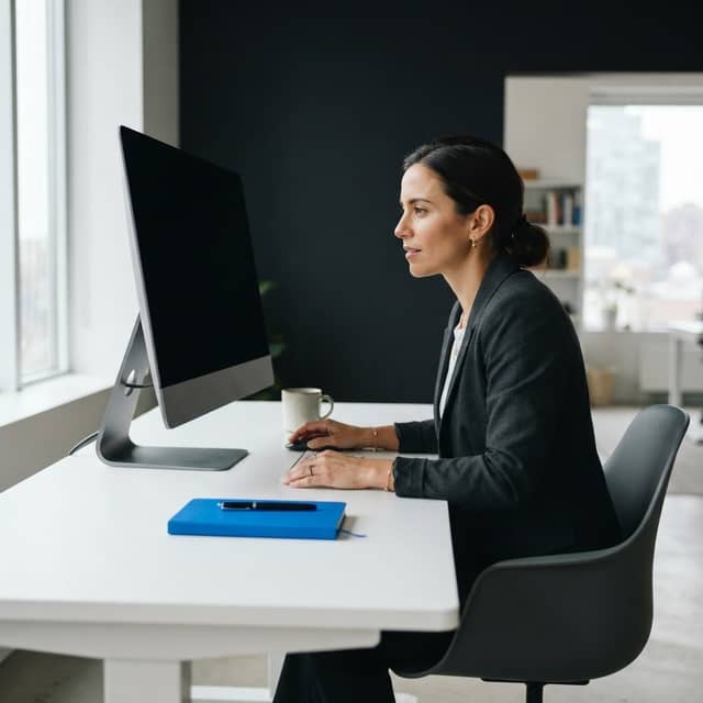 Professional strategist reviewing marketing performance at a clean workspace