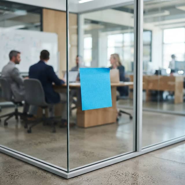 Single electric blue note on a glass office partition