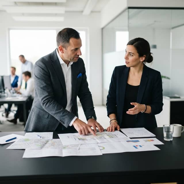 Professional partners collaborating over business documents in a modern office