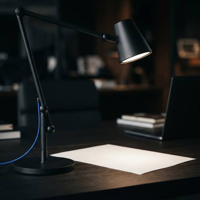 Matte black architectural desk lamp with electric blue detail