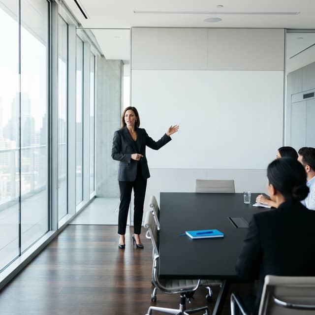 Professional strategist standing in a modern office boardroom