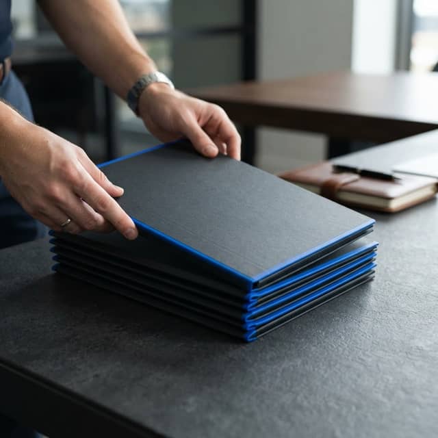 Professional hands organizing clean document folders