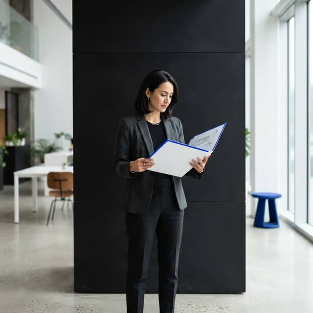 Professional strategist analyzing data in a minimalist workspace