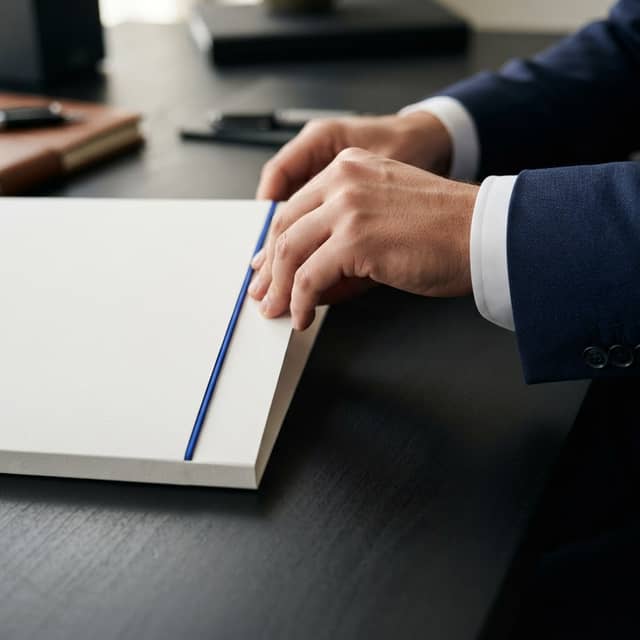 Professional hands organizing a white folder with an electric blue edge