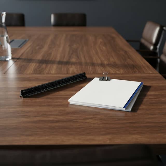 Professional preparation materials on a dark conference table
