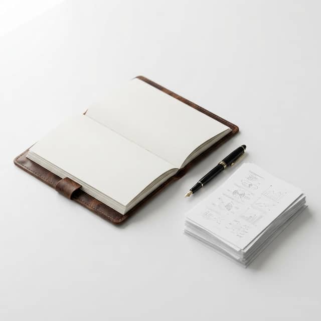 Professional desk with notebook and pen