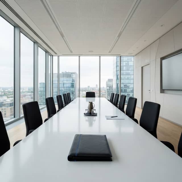 An empty modern boardroom with a sleek table and blue-accented folder
