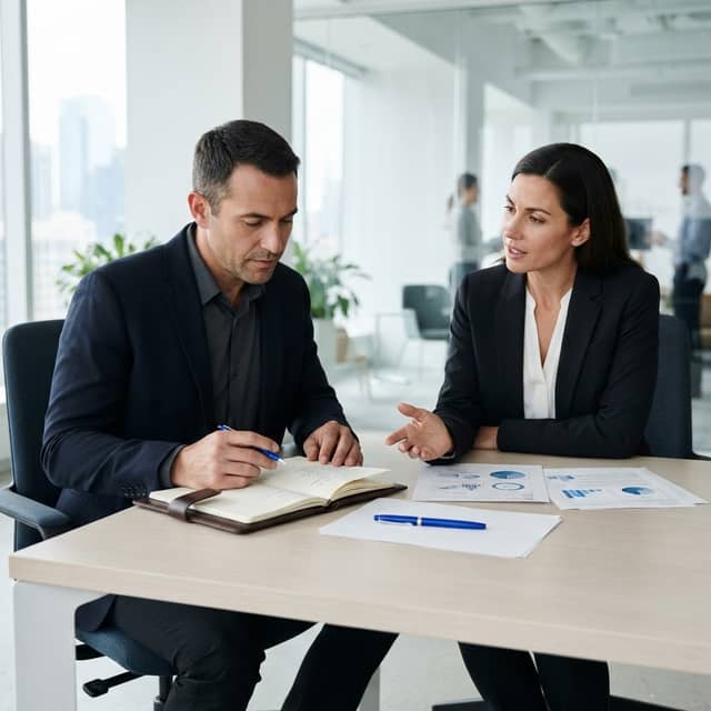 Two professionals in a strategy session discussing business growth