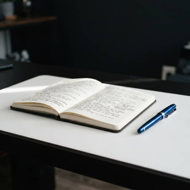 Open notebook with handwritten business notes on a desk