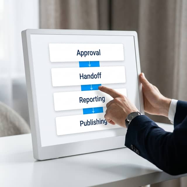 Hands pointing to workflow process comparison chart