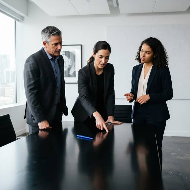 A diverse team collaborating in a professional strategy meeting