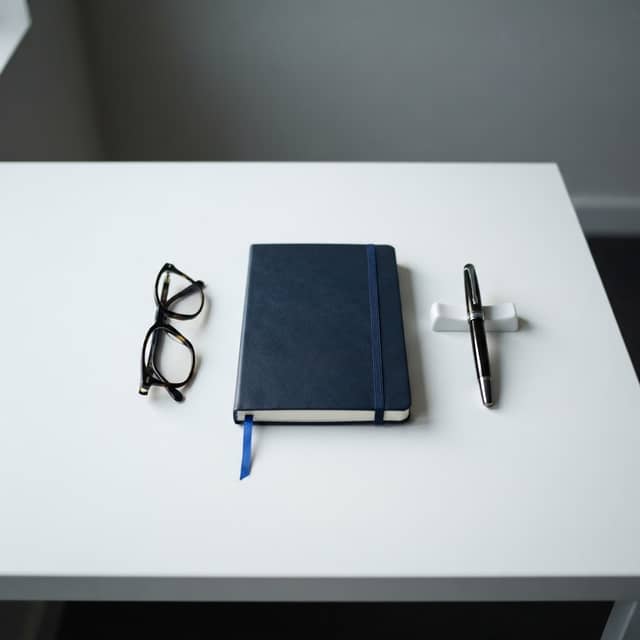 Professional executive desk with notebook and fountain pen