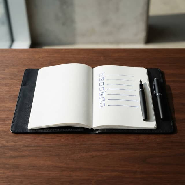 A pen and notebook on a clean desk