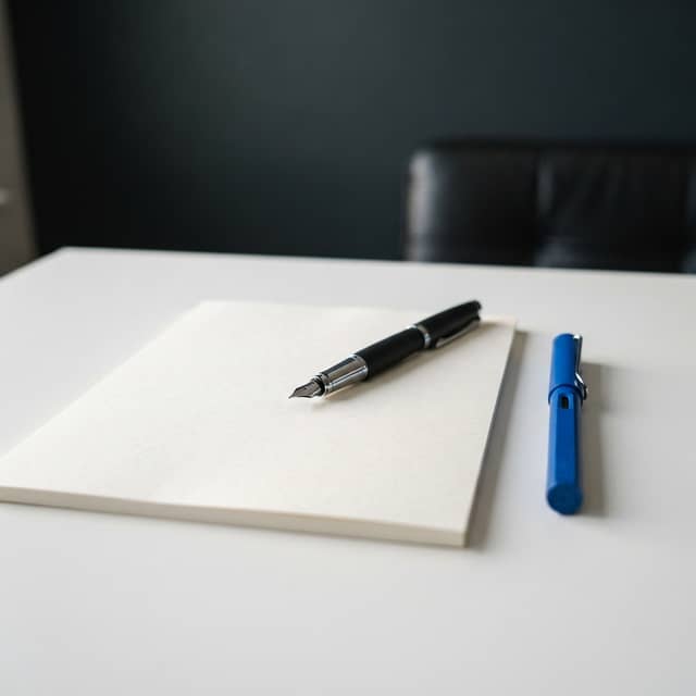 Professional workspace with fountain pen and blue accent