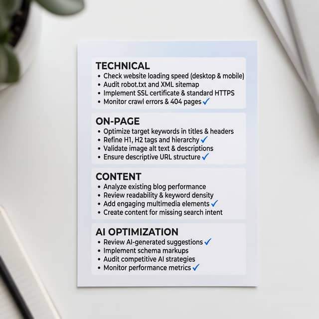 SEO checklist dashboard with categorized audit items