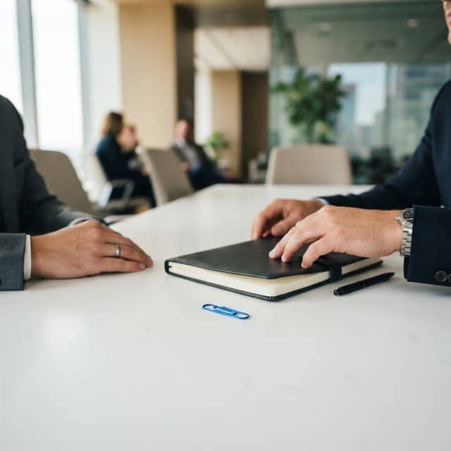 Hands on a white desk with a near-black notebook