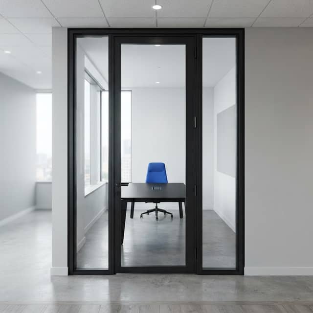 Minimalist office interior with a single electric blue chair