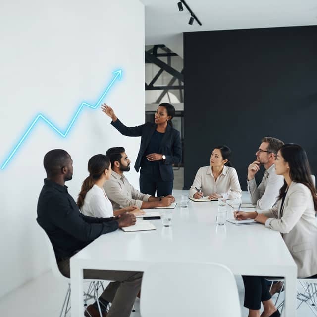 Marketing team collaborating in a professional office setting