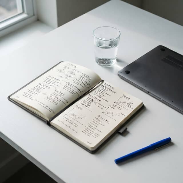 Professional desk setup with notebook and closed laptop