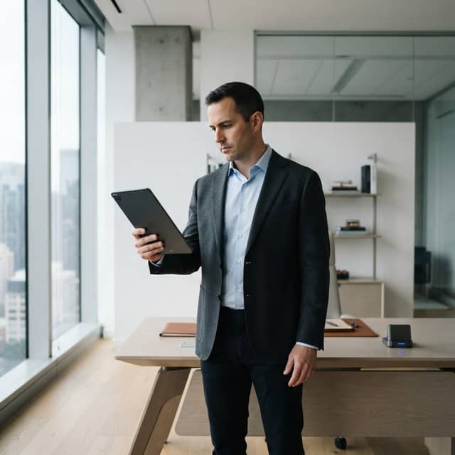 B2B SaaS leader considering strategy in a modern office