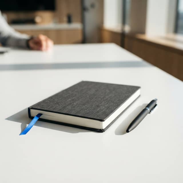 Professional notebook and pen on a white desk