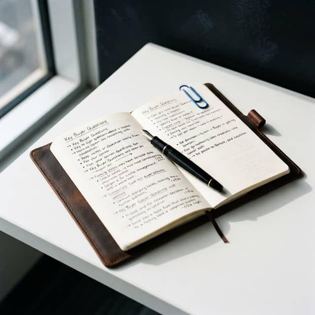 Handwritten buyer research notes on a clean desk