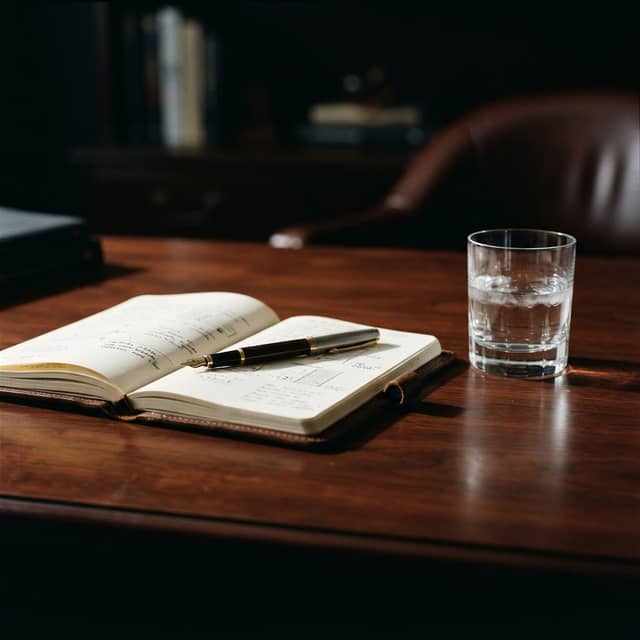 Professional desk setup with leather notebook and pen