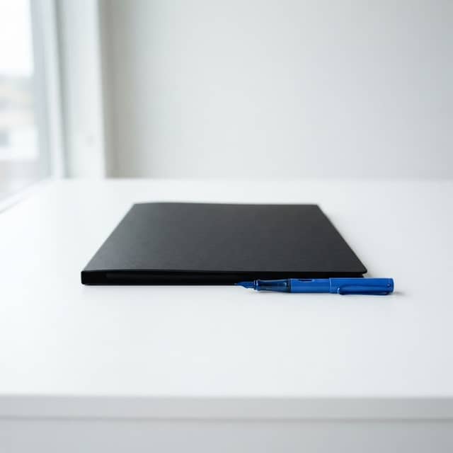 A single document folder and blue pen on a white desk
