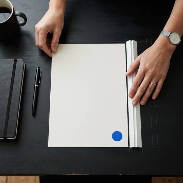 Strategist hands aligning paper on a desk