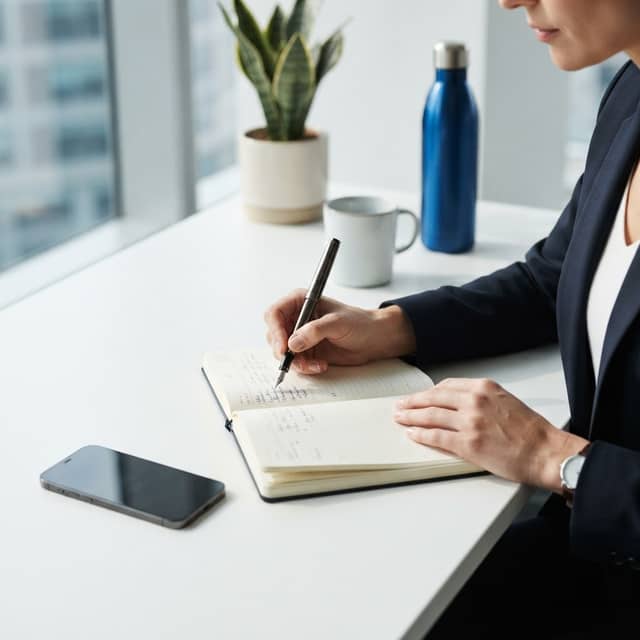 Professional hands working on strategy at a clean desk