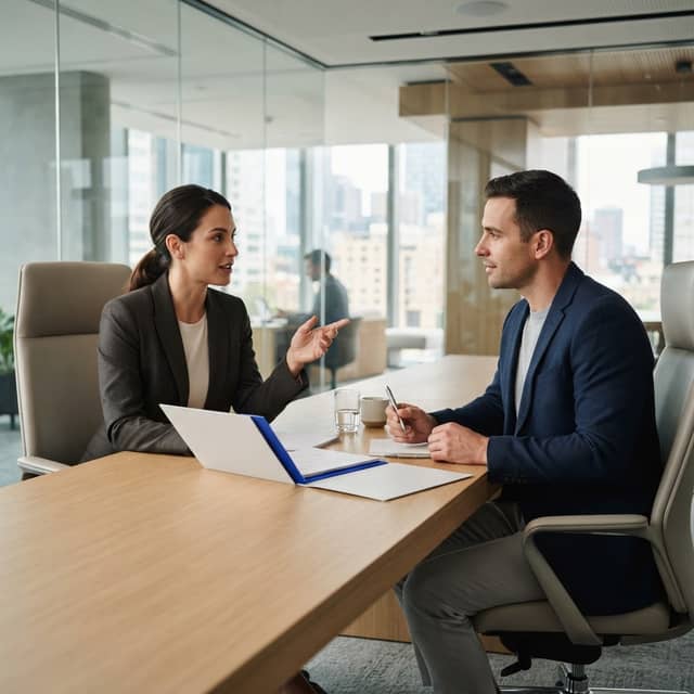 Two professionals in a strategy discussion