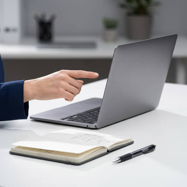 Hand pointing at keyword research data on laptop screen