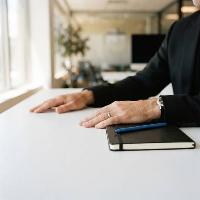 Professional hands resting on a desk with a black notebook and blue stylus
