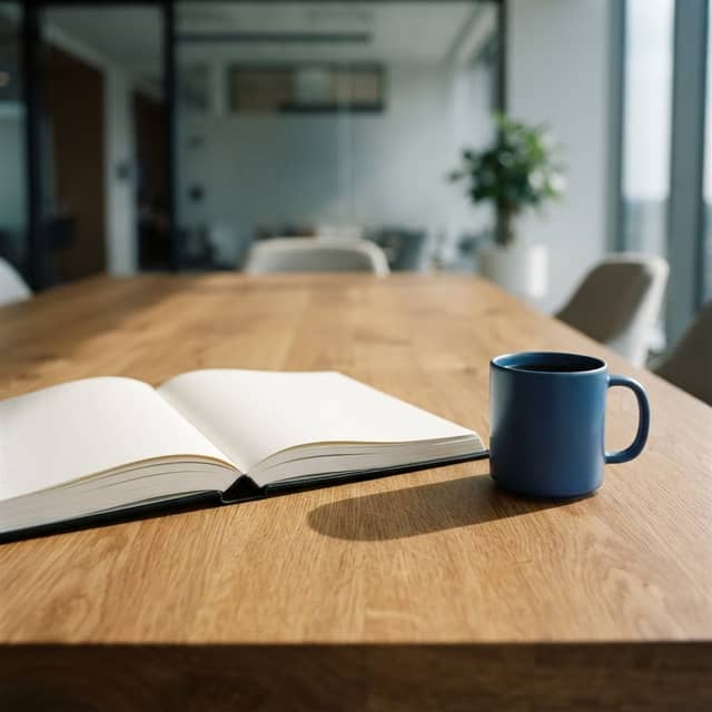 Open black notebook and a cobalt blue mug on a white desk