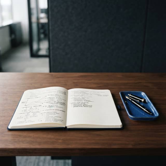 Strategic planning on a clean desk with notebook and pen