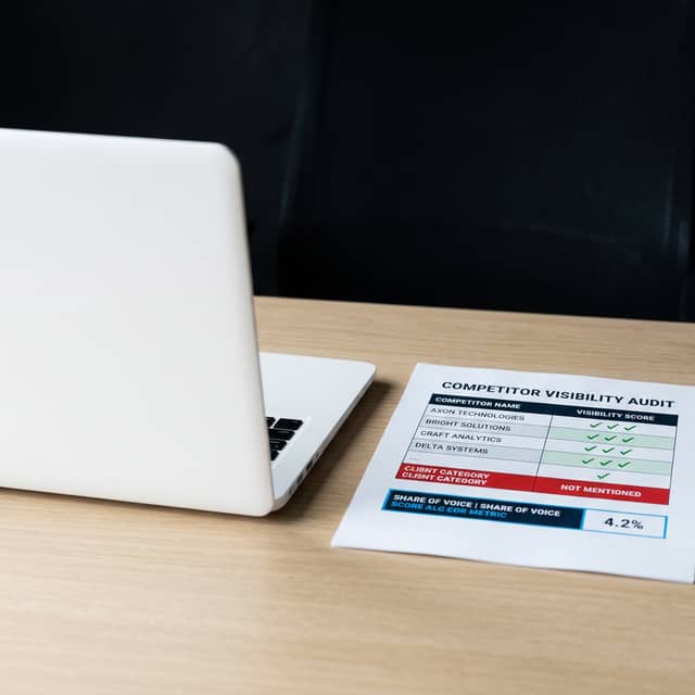 Laptop and competitor audit document on dark desk