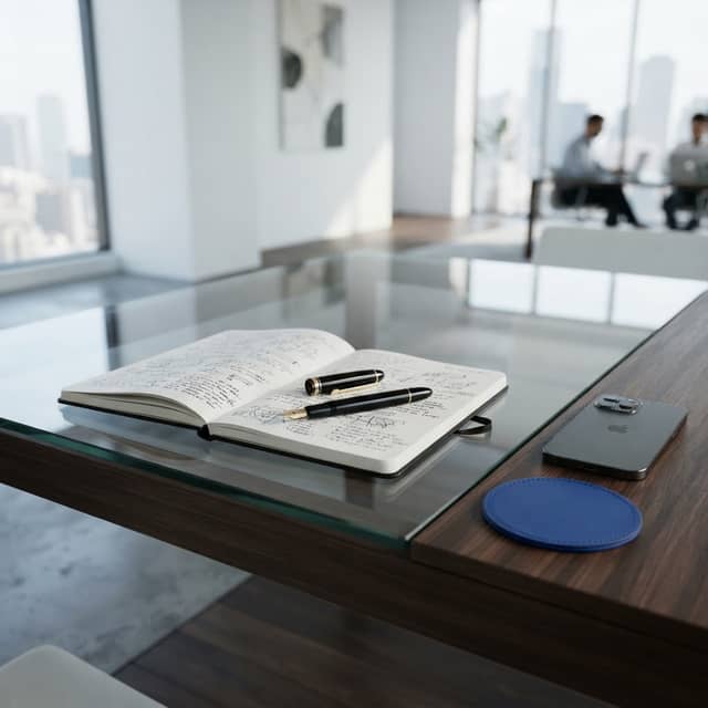 Professional office setting with a notebook and face-down phone