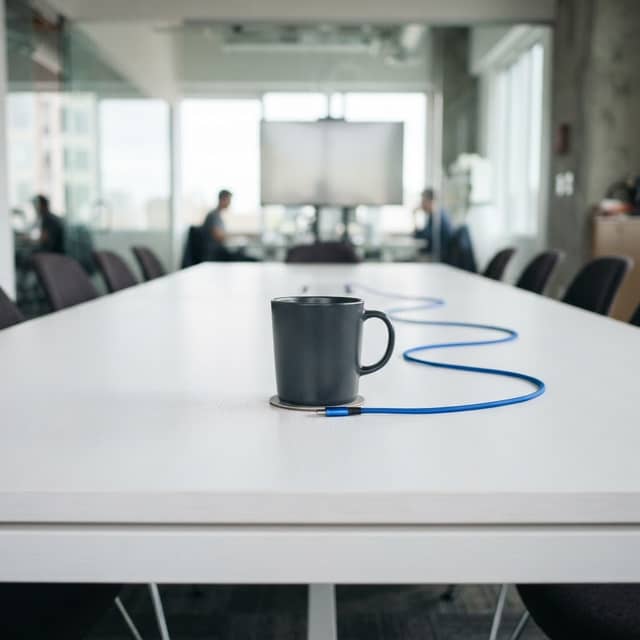 Clean office table with a blue cable accent